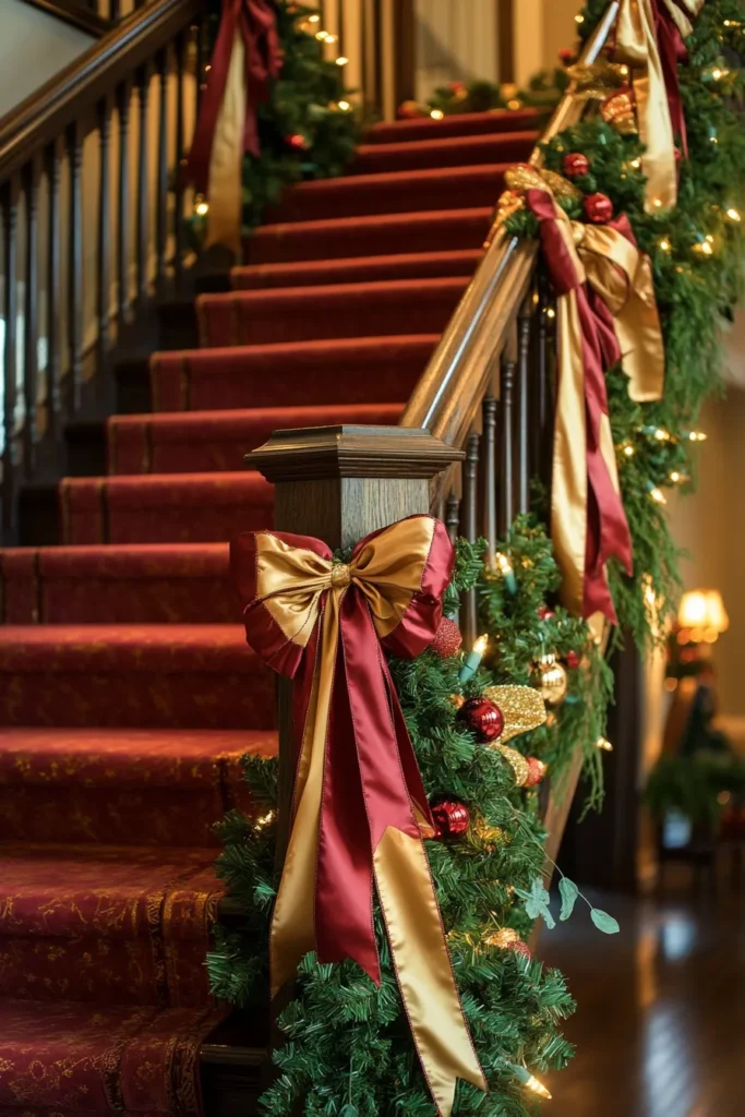 Elegant staircase christmas decor railings with red and gold ribbons easy christmas staircase decor idea for festive atmosphere