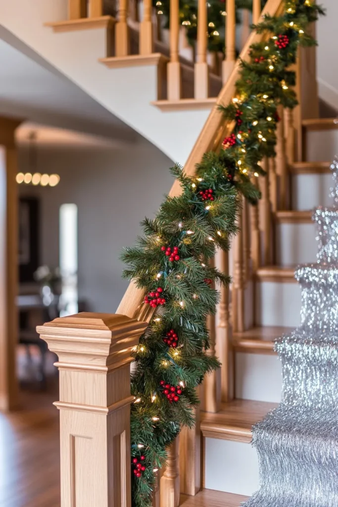 Elegant staircase with christmas staircase garland pine and berries on wooden banister diy christmas staircase garland ideas