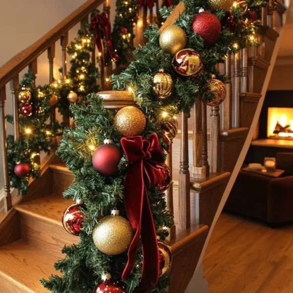 Elegant staircase with easy christmas staircase decor and staircase christmas decor railings adorned with garlands and ornaments