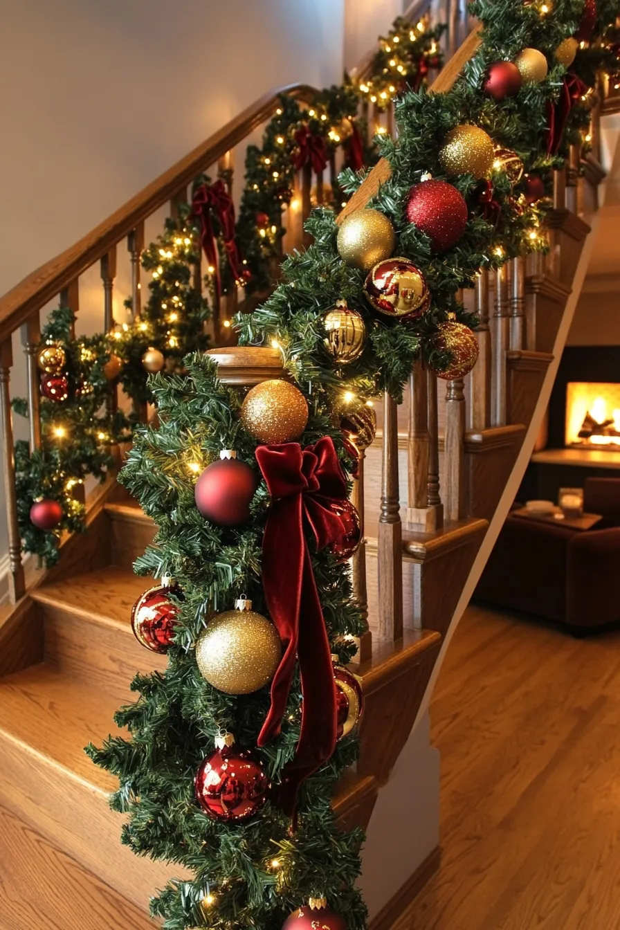 Elegant staircase with easy christmas staircase decor and staircase christmas decor railings adorned with garlands and ornaments