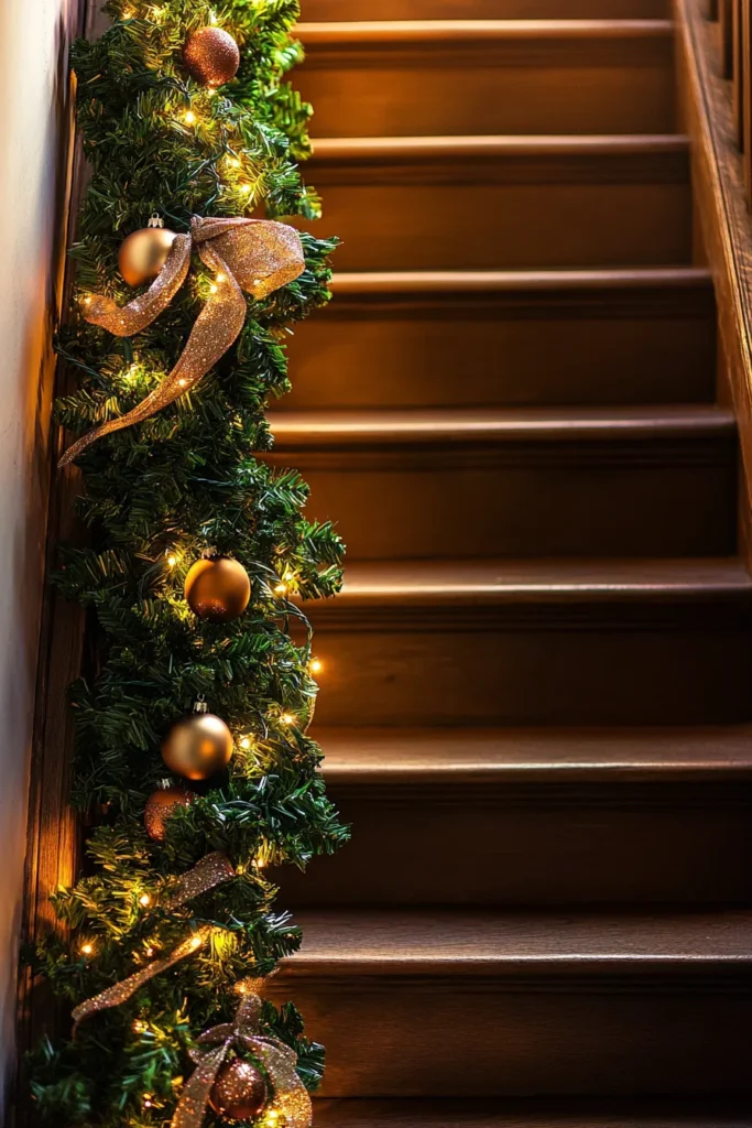 Elegant wooden staircase adorned with lush christmas staircase garland and twinkling lights creating a cozy festive atmosphere