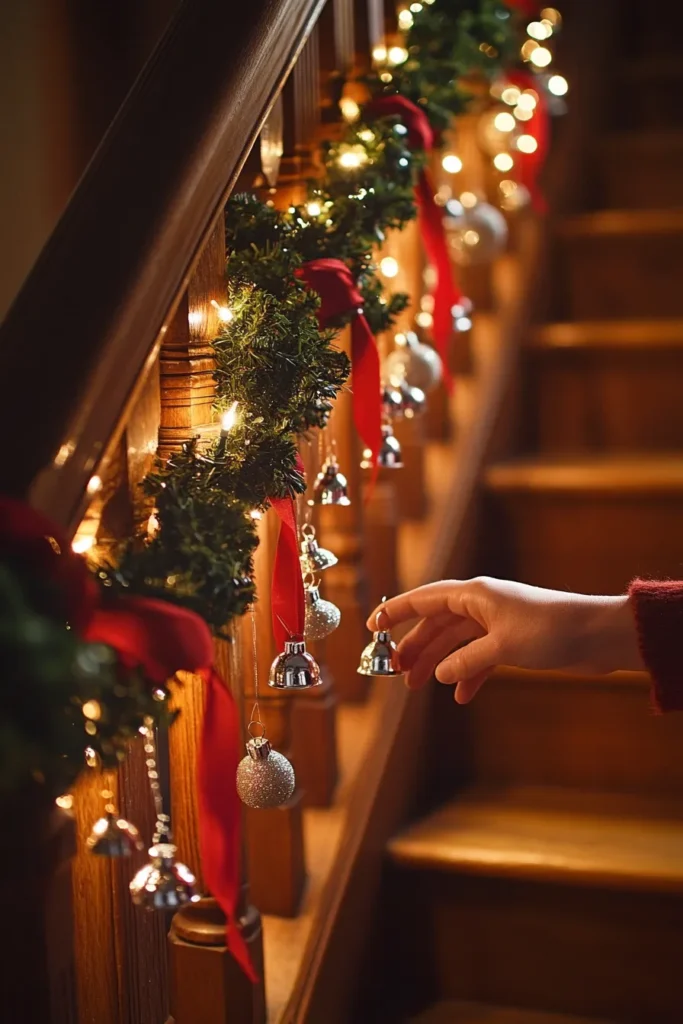 Elegant wooden staircase with easy christmas staircase decor featuring garlands lights and staircase christmas decor railings with silver bells