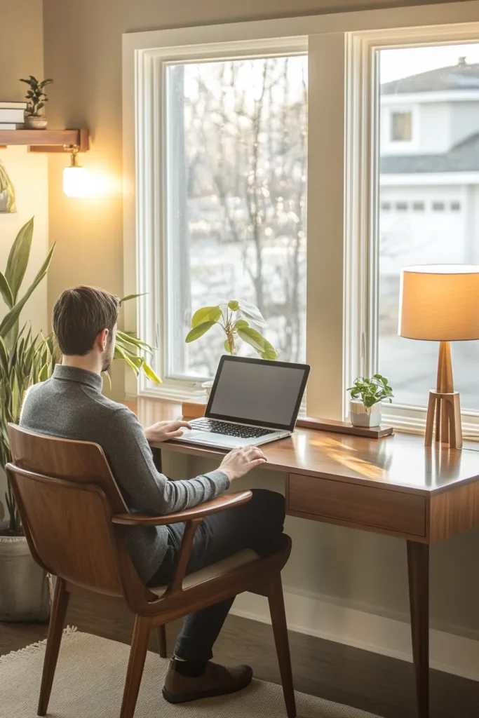 Ergonomic mid century modern home office with wooden desk and comfortable chair for optimal productivity