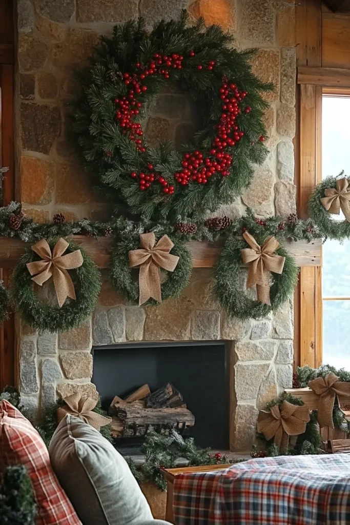 Farmhouse Christmas living room with evergreen wreaths stone fireplace and festive decorations