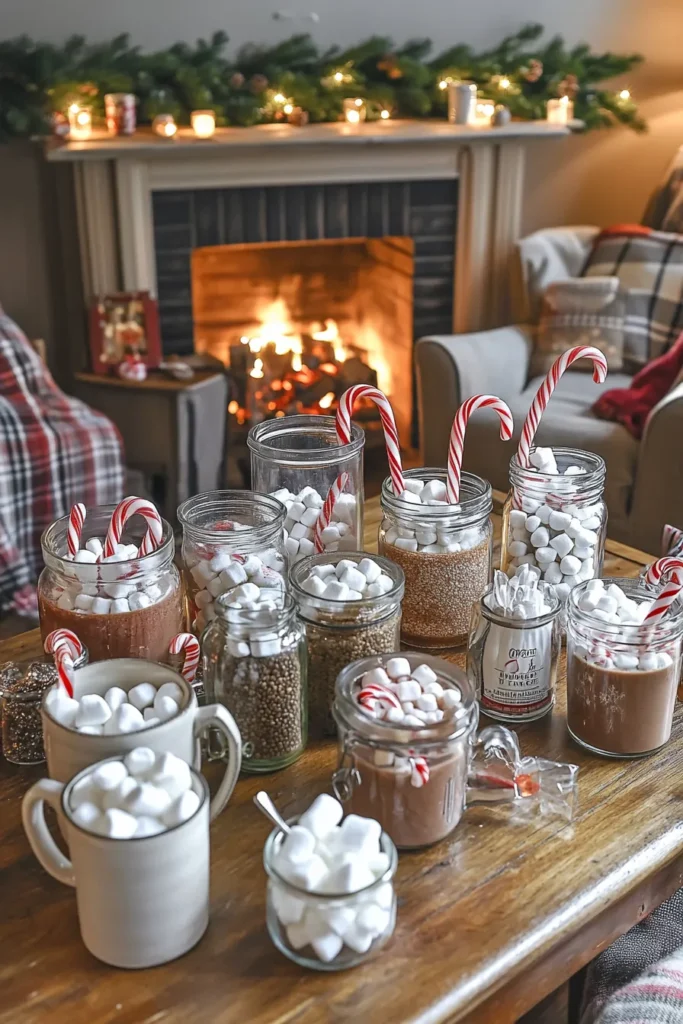 Farmhouse Christmas living room with hot cocoa station vintage mugs marshmallows and candy canes near fireplace