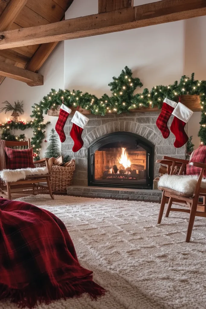 Farmhouse Christmas living room with rustic beams cream rug and farmhouse living room Christmas decor for cozy atmosphere