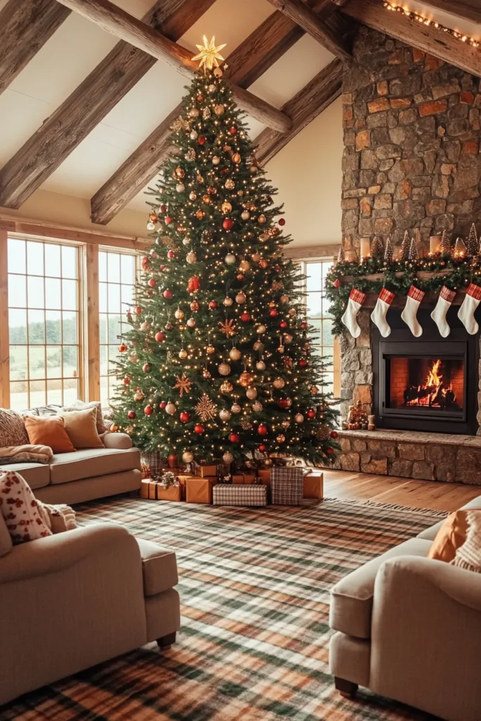 Farmhouse christmas living room featuring decorated tree warm lighting and rustic elements