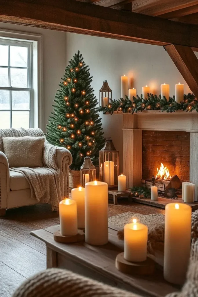 Farmhouse christmas living room with strategic candle placement evergreen garlands vintage lanterns cozy atmosphere