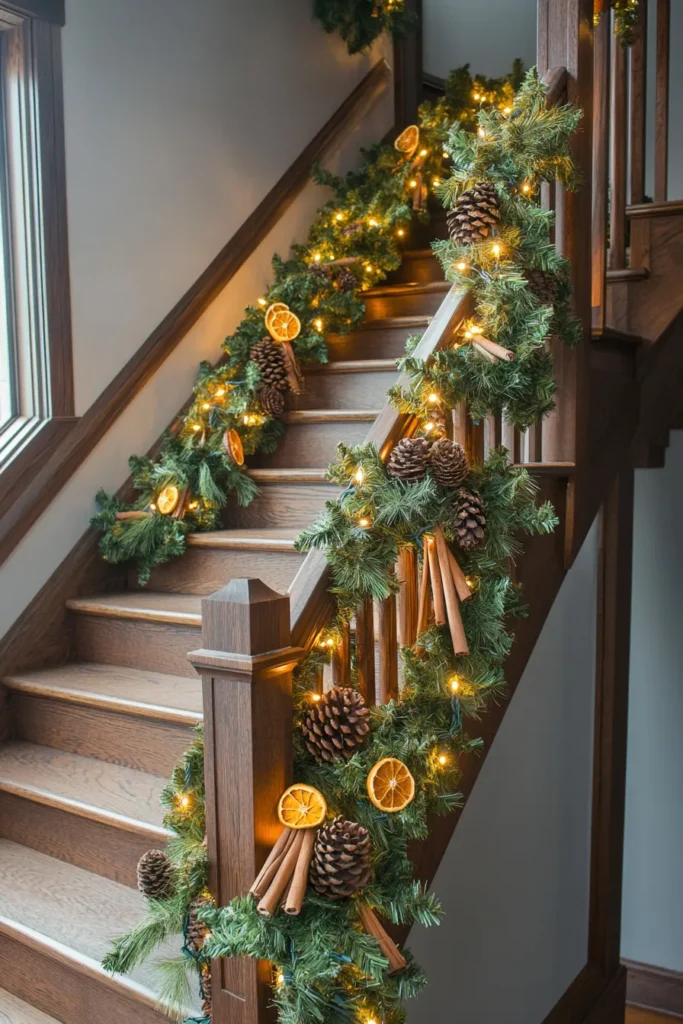 Farmhouse inspired Christmas staircase garland with natural elements and warm lighting for a cozy atmosphere