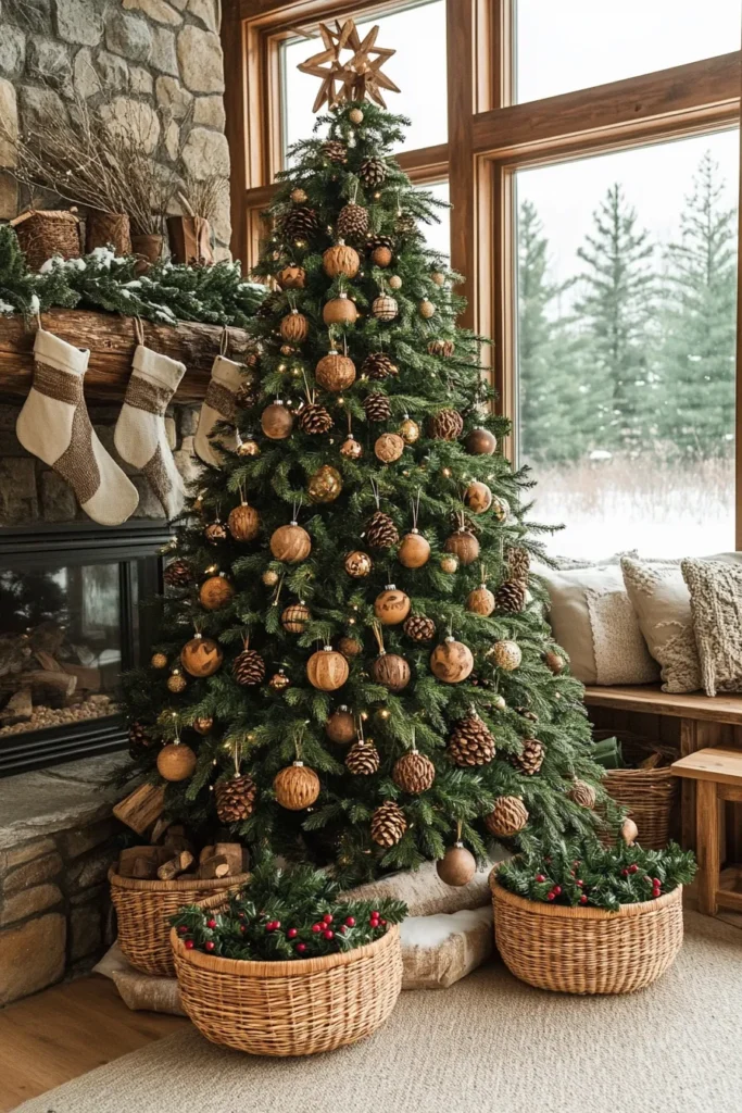 Farmhouse inspired living room with rustic Christmas color palette and nature inspired decorations