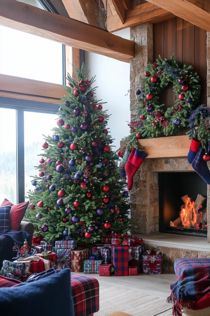 Farmhouse inspired space showcasing rustic Christmas color palette with wooden beams and decorated tree