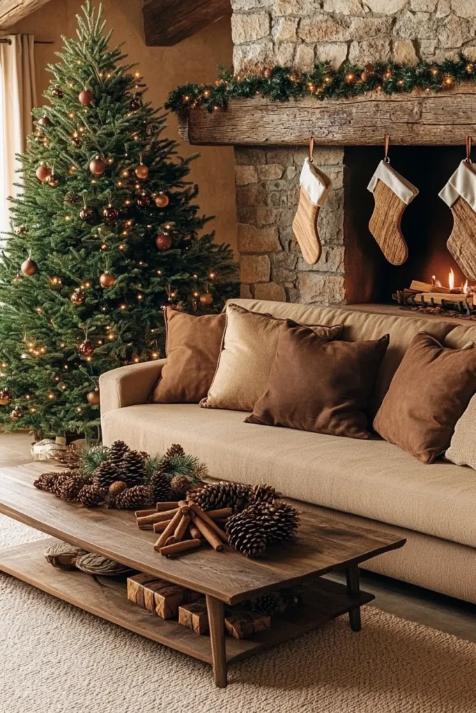 Farmhouse inspired space showcasing rustic Christmas color palette with wooden elements and warm lighting