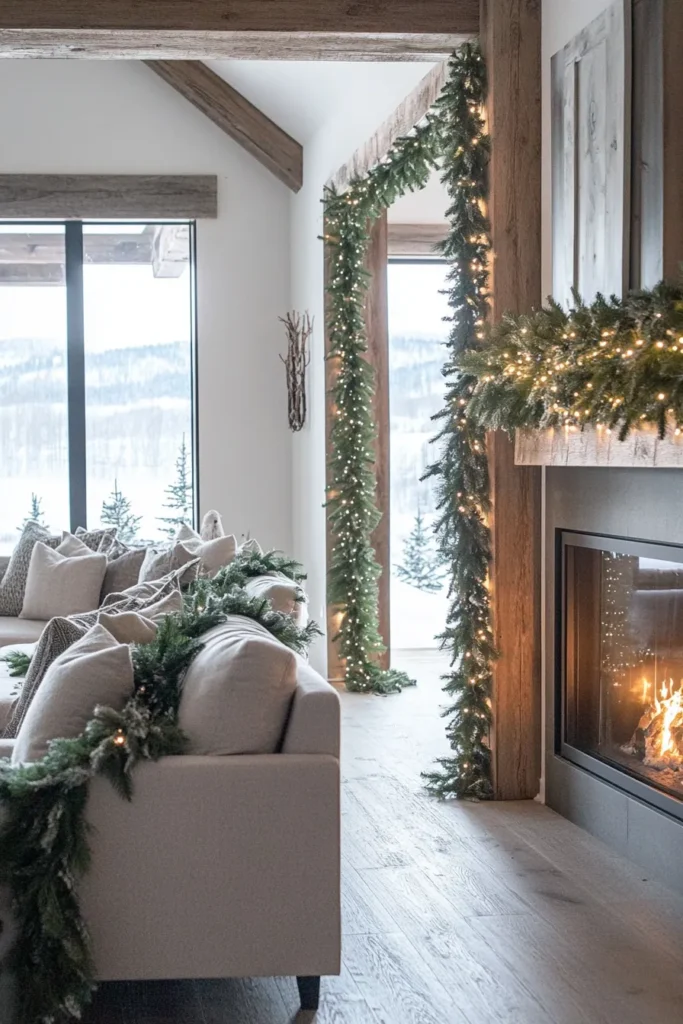 Farmhouse living room Christmas scene with fresh greenery cozy sofas and festive pillows