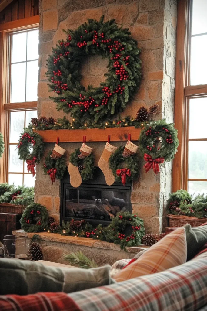 Farmhouse living room Christmas scene with multiple wreaths rustic elements and cozy atmosphere