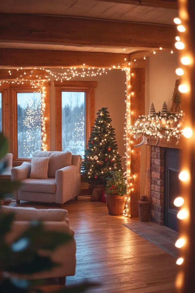 Farmhouse living room Christmas transformation with twinkling lights potted plants and festive tree in corner