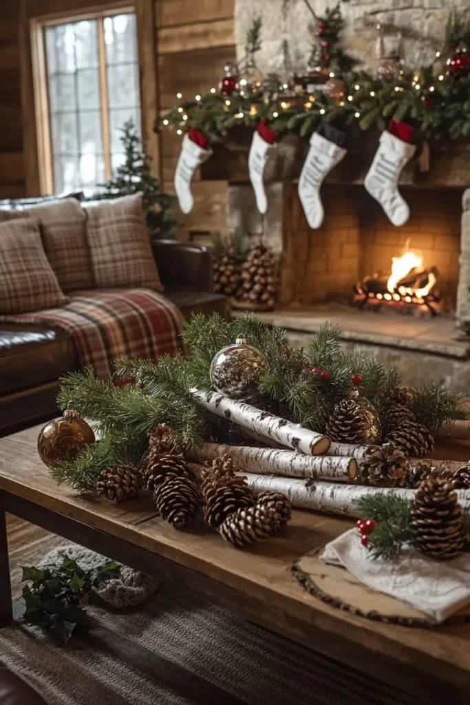 Farmhouse living room christmas scene with leather sofa garlands and warm atmosphere for holiday gatherings