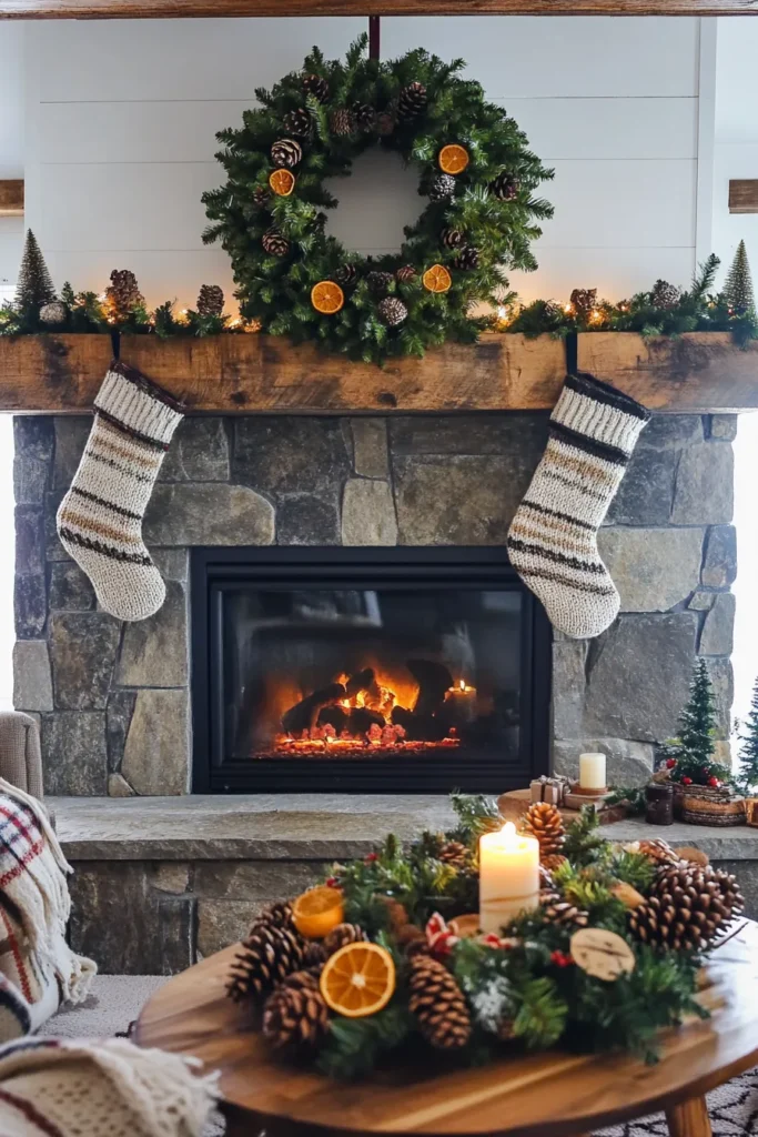 Farmhouse living room christmas showcasing natural wood coffee table and handcrafted ornaments on small tree