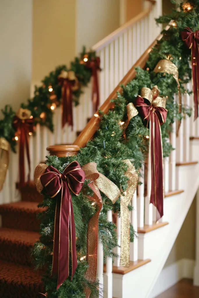 Festive christmas staircase garland adorning banister with deep red and gold accents