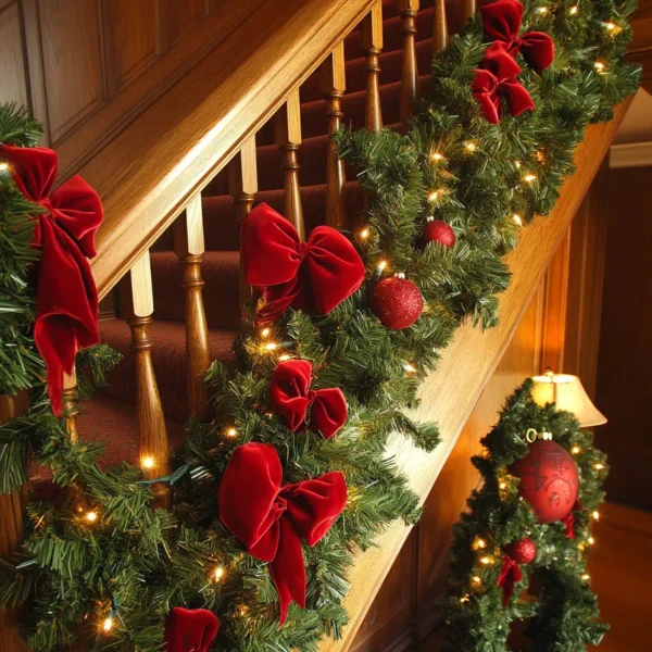 Festive christmas staircase garland with evergreen boughs miniature wreaths and garland on staircase christmas