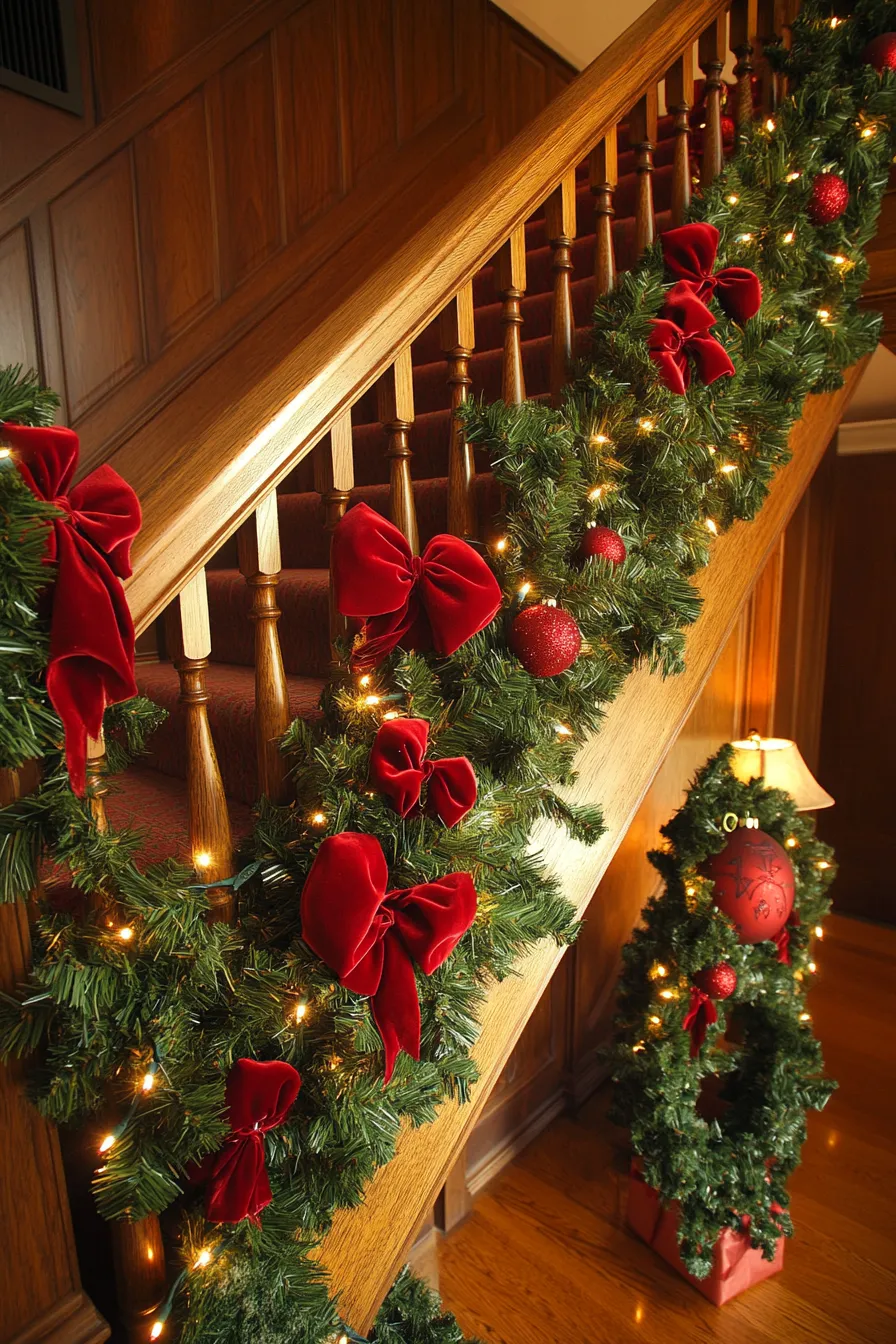 Festive christmas staircase garland with evergreen boughs miniature wreaths and garland on staircase christmas