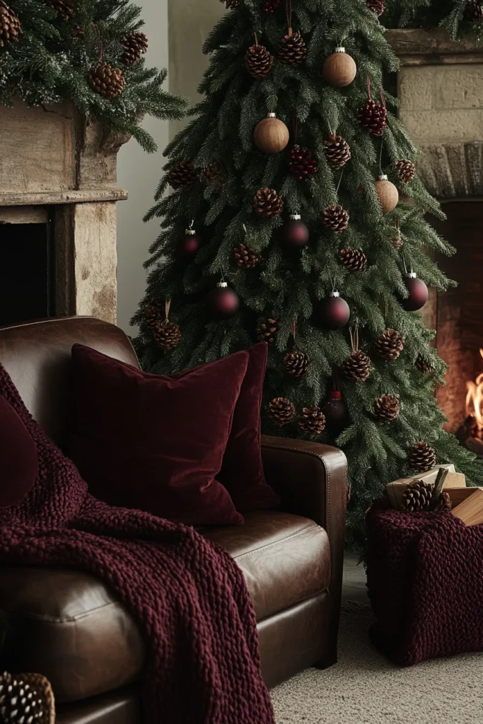 Festive living area displaying rustic Christmas color palette pinecones wooden decorations and warm lighting