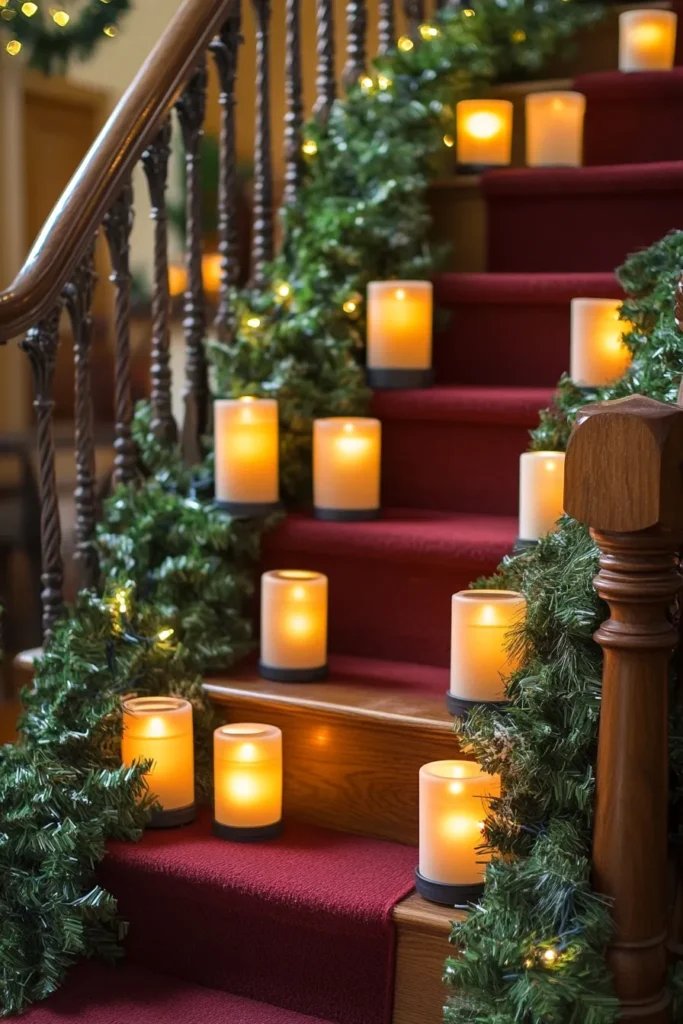 Festive staircase Christmas decor railings easy to recreate with garland battery operated candles and red runner