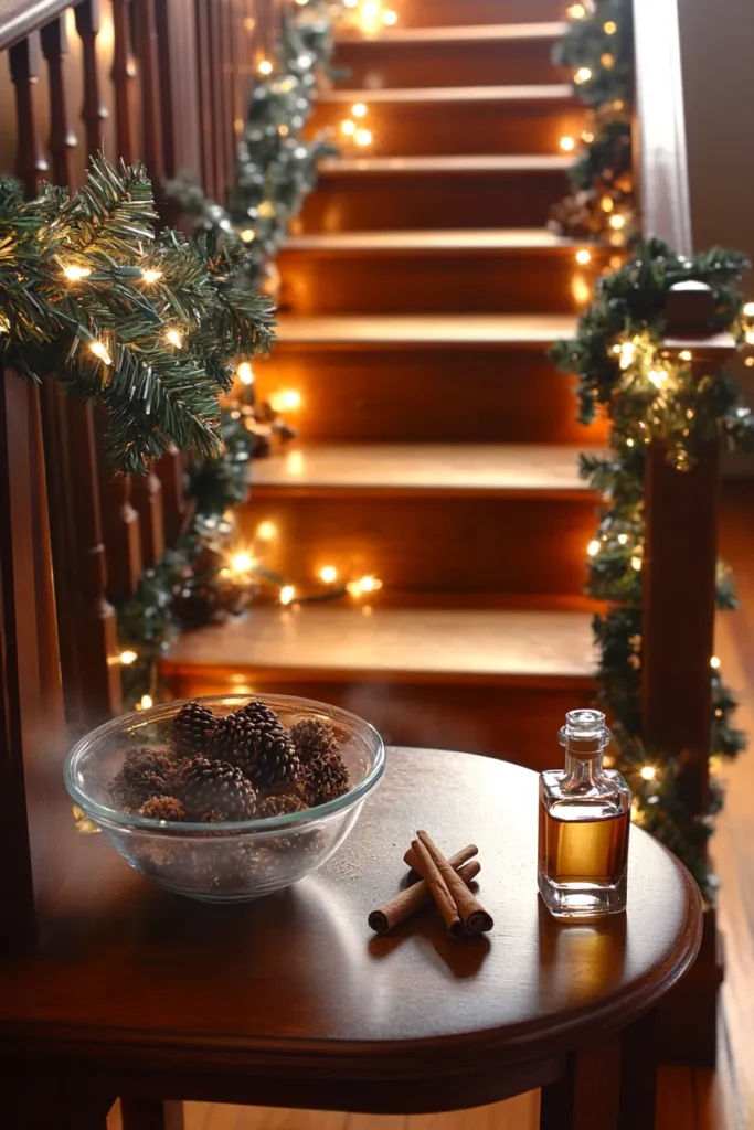 Festive staircase adorned with cheap christmas staircase decor including garlands lights and scented elements