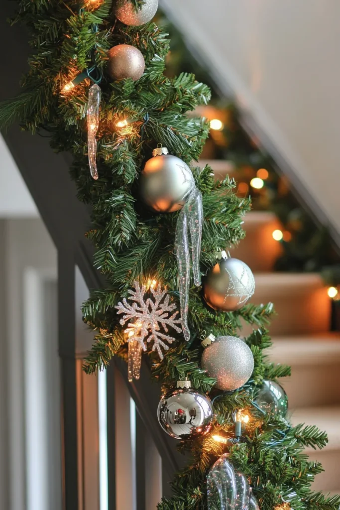 Festive staircase featuring a garland on staircase christmas design with evergreens twinkling lights and glistening ornaments for a magical atmosphere