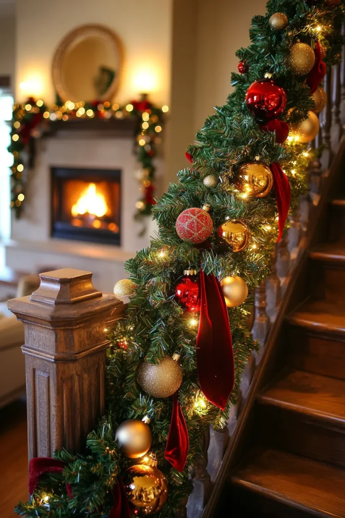 Festive staircase featuring cheap christmas staircase decor and easy christmas staircase decor ideas with evergreen garlands