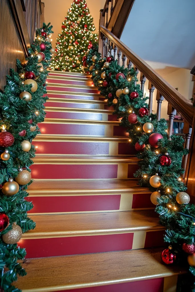 Festive staircase featuring cheap christmas staircase decor ideas and easy christmas staircase decor garlands