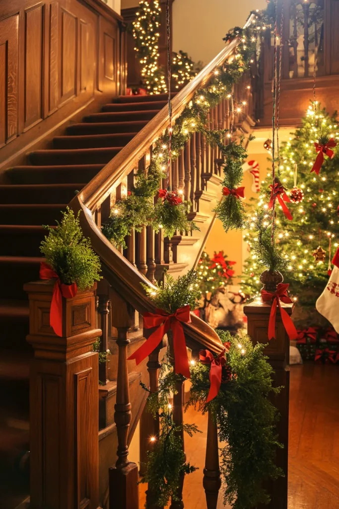 Festive staircase featuring cheap christmas staircase decor ideas and staircase christmas decor railings easy