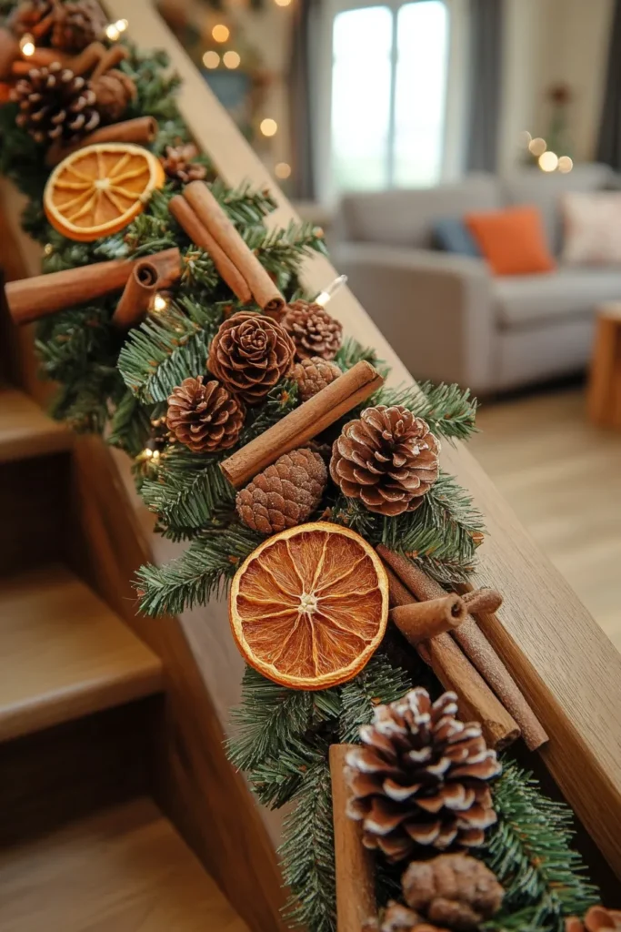 Festive staircase garland christmas with natural elements creating warm inviting holiday atmosphere