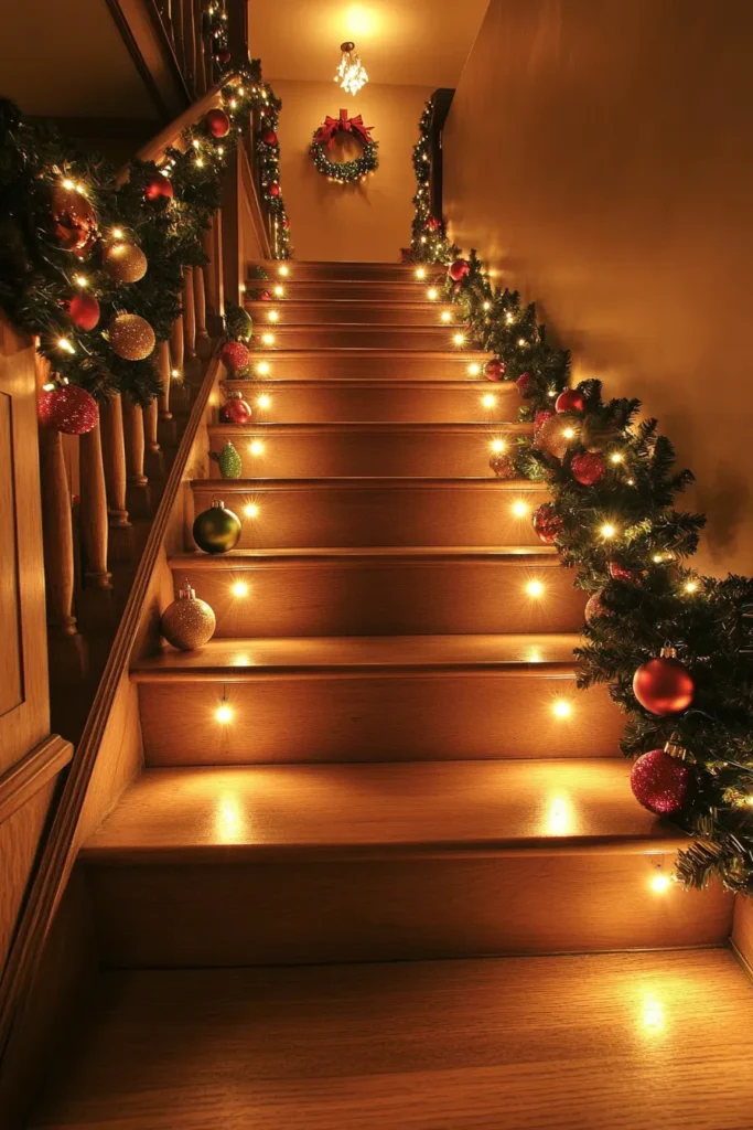 Festive staircase with cheap christmas staircase decor and easy christmas staircase decor ideas for a warm atmosphere