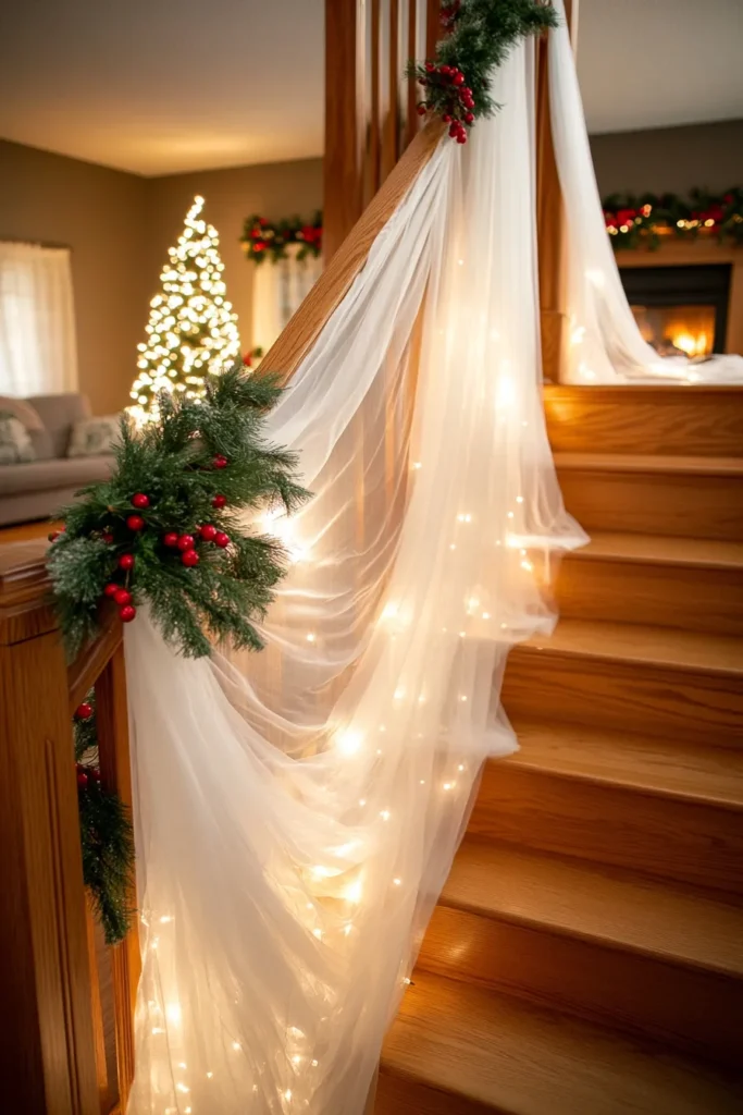 Festive staircase with cheap christmas staircase decor including draped fabric lights and staircase christmas decor railings