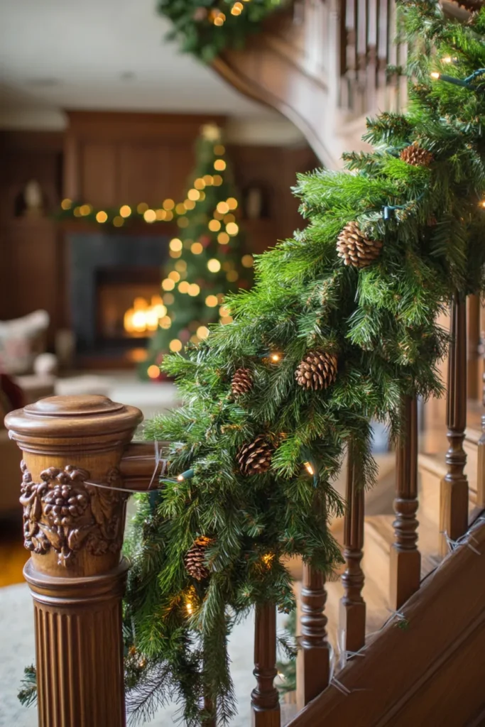 Festive staircase with staircase christmas decor railings showcasing lush greenery and twinkling lights