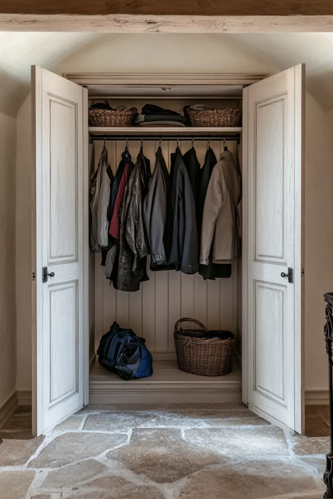 French country mudroom featuring full length closet and stone flooring, illustrating practical French country mudroom ideas