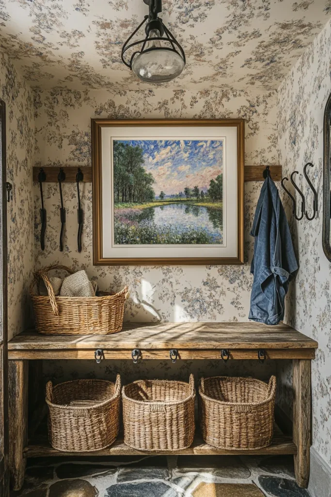 French country mudroom ideas showcased in a space with natural light wooden elements and woven baskets