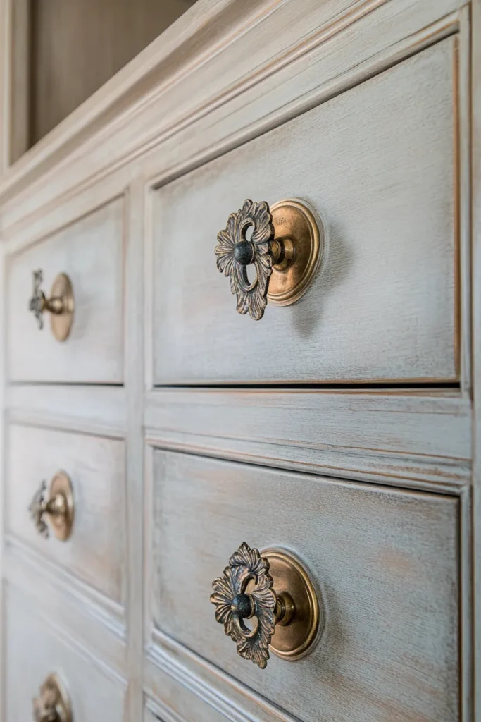 French country mudroom with weathered brass hardware ornate hooks and vintage knobs French country mudroom ideas