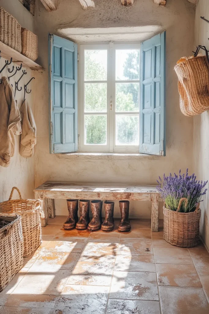 Functional French country mudroom with terracotta flooring coat hooks and storage baskets French country mudroom ideas