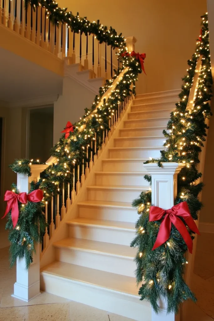 Grand staircase with symmetrical christmas staircase garland adorned with lights and red bows