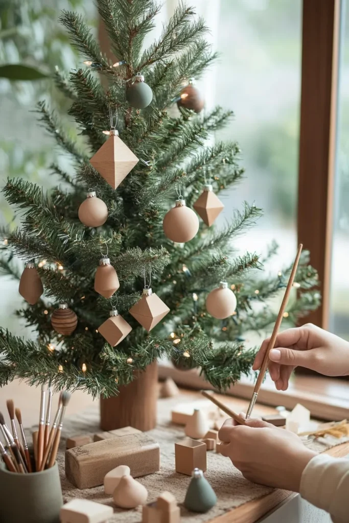 Hands crafting ornaments for japandi christmas tree minimalist japandi christmas decor cozy atmosphere