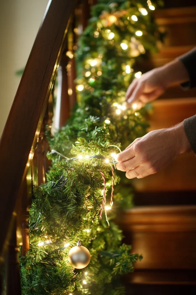 Hands wrapping lights around christmas staircase garland creating magical glow diy christmas staircase garland