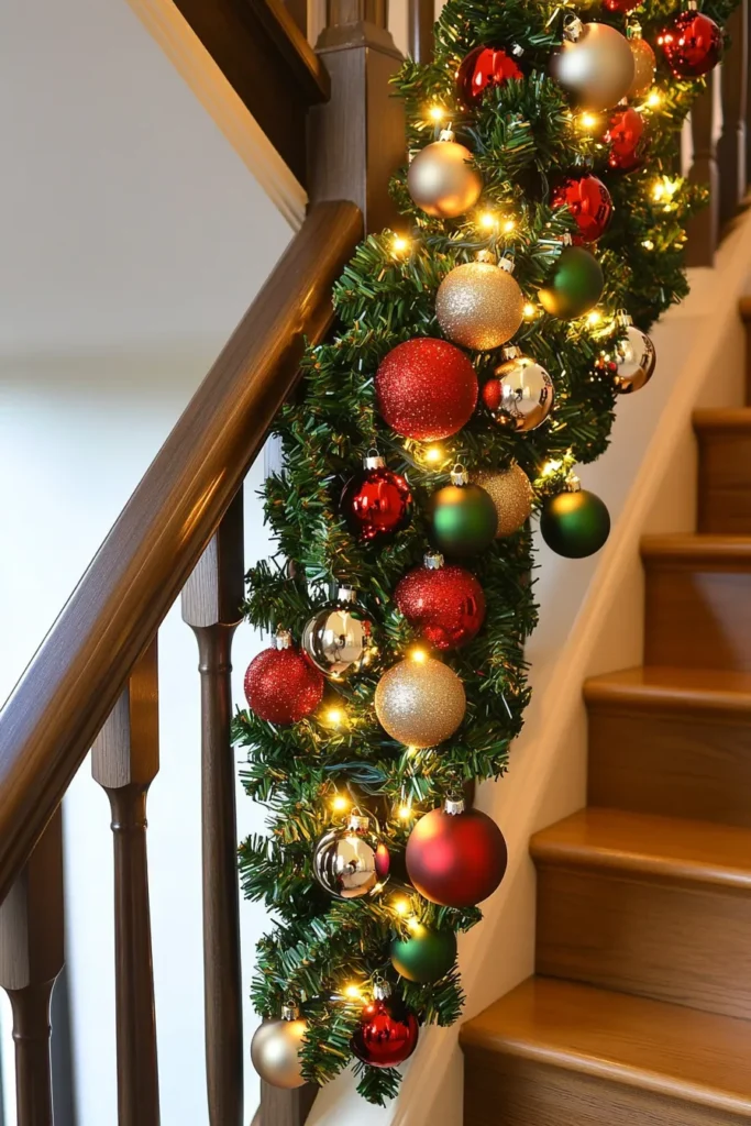 Harmonious christmas staircase garland with silver baubles and diy staircase garland christmas ideas for warm glow