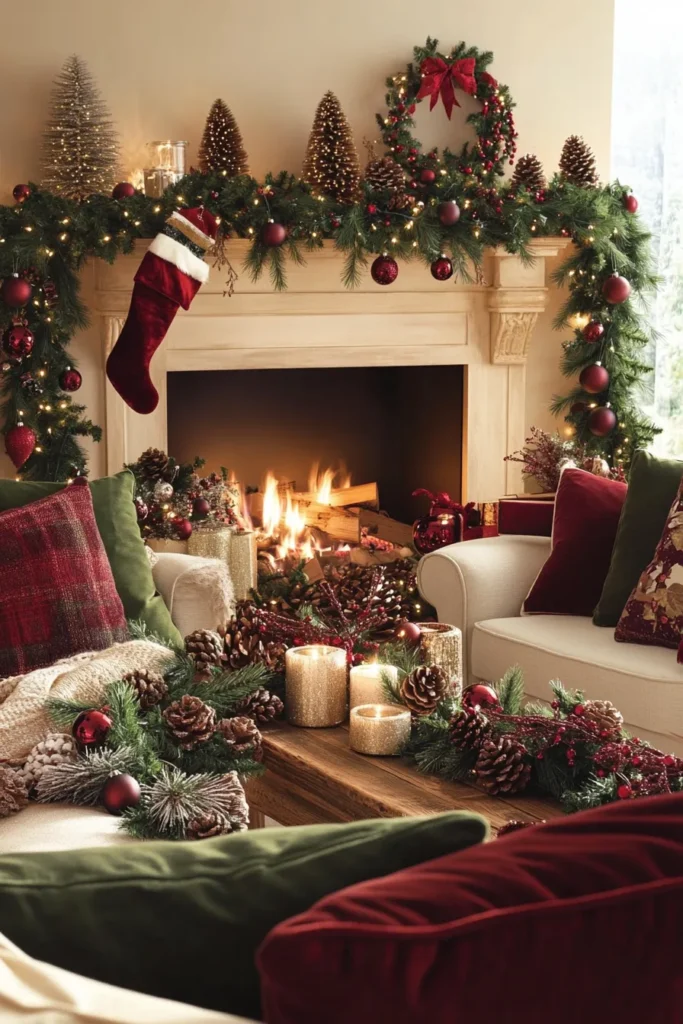 Harmonious rustic Christmas color palette showcased in inviting farmhouse style holiday living room decor