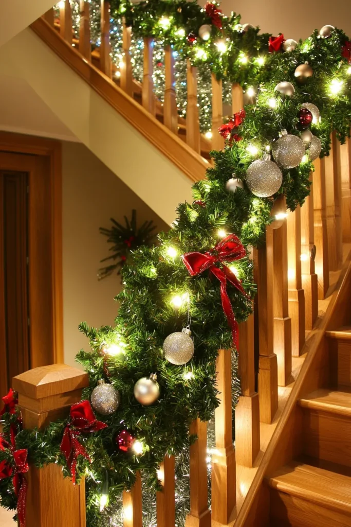 Holiday staircase showcasing staircase christmas decor railings easy garlands and cheap christmas staircase decor bows