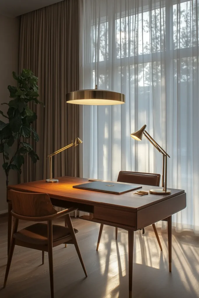 Home office decor mid century modern workspace with overhead pendant adjustable task lamp and soft indirect lighting