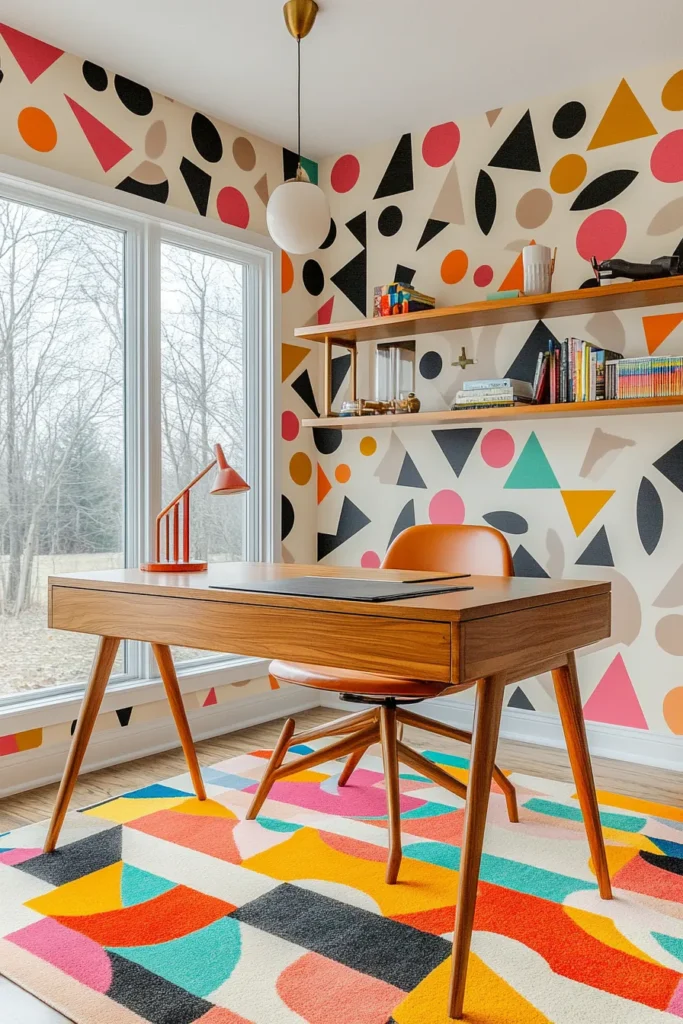 Home office mid century modern design featuring bold patterns colorful rug and mid century modern home office ideas