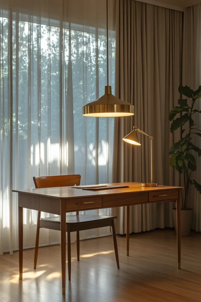 Home office mid century modern design featuring pendant lamp task light and natural light for comfortable workspace