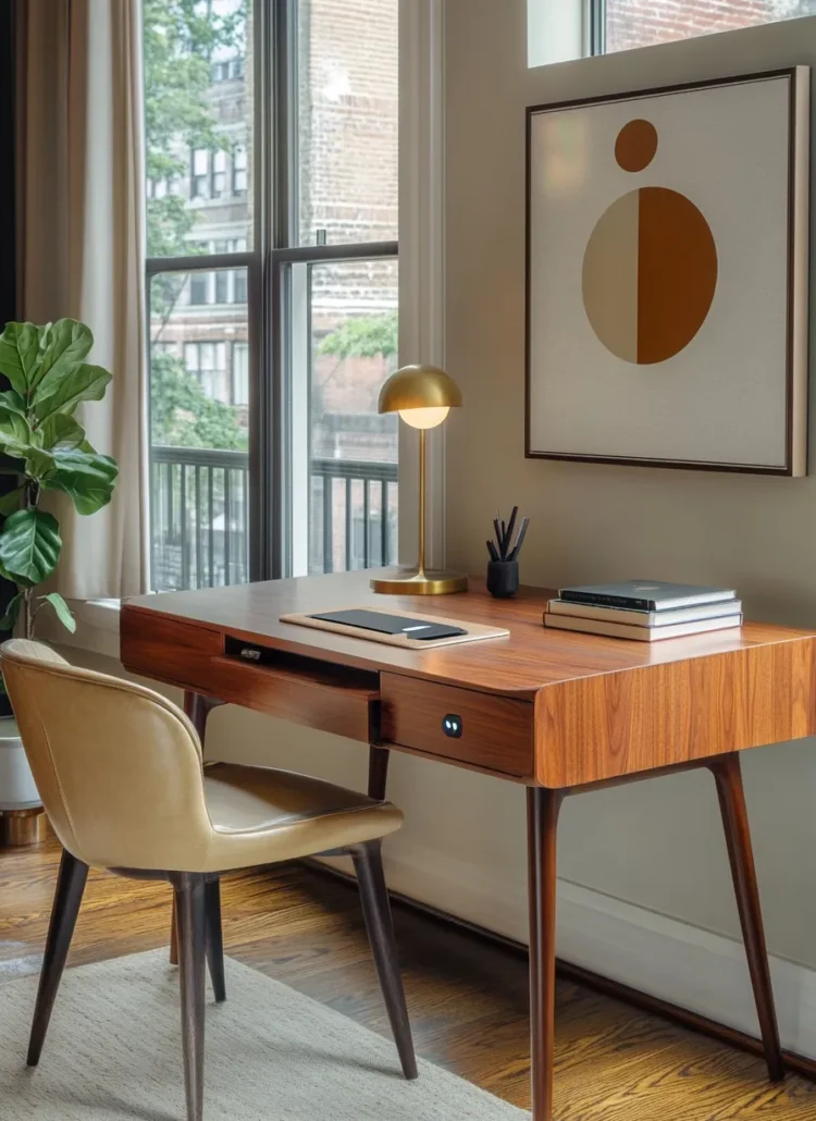 Home office mid century modern design featuring warm wood tones minimalist decor and large windows