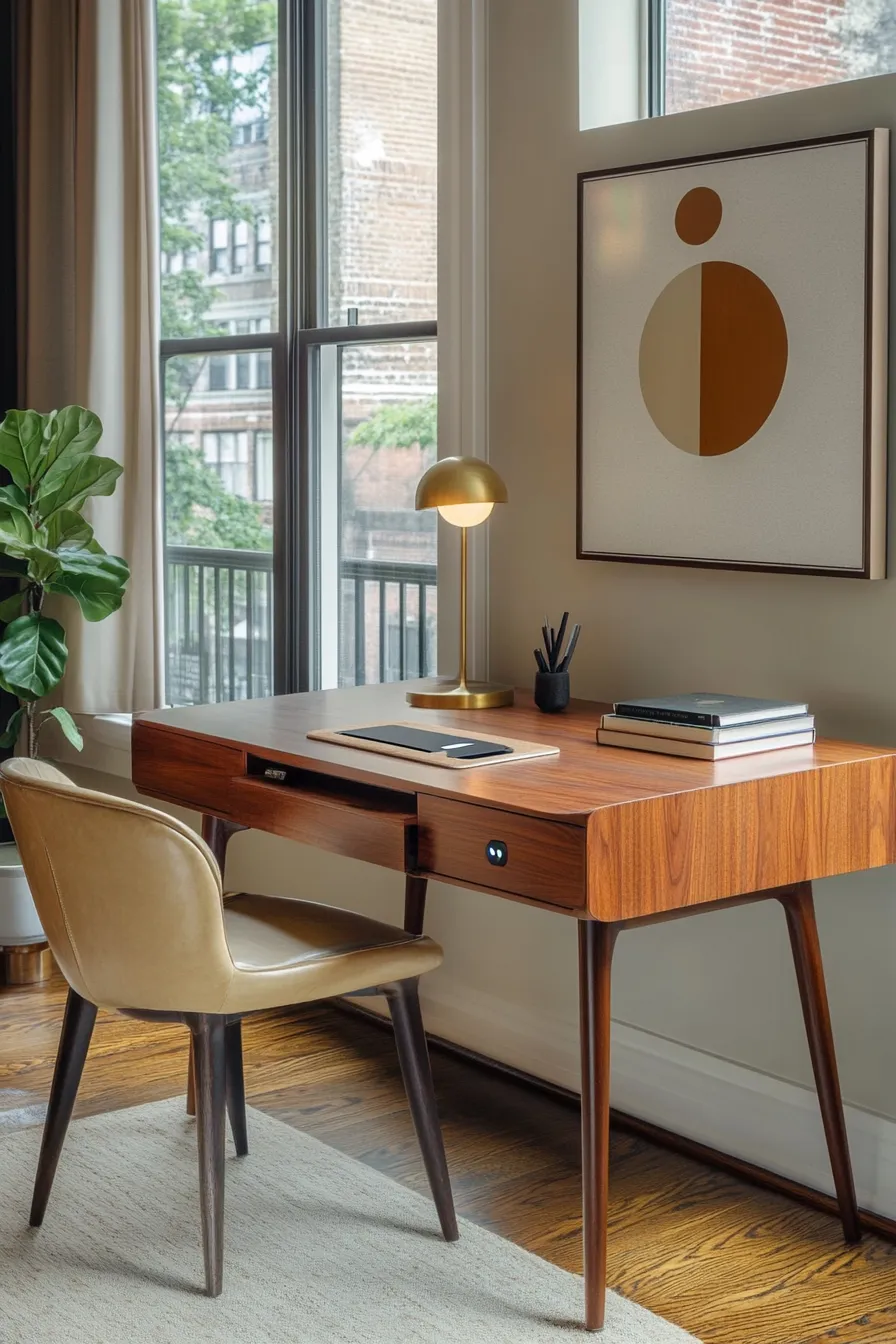 Home office mid century modern design featuring warm wood tones minimalist decor and large windows